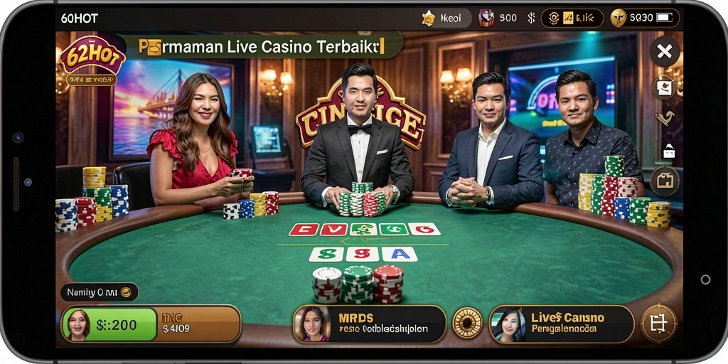 Screenshot gameplay langsung dari 62HOT yang menampilkan dealer dan tampilan meja.