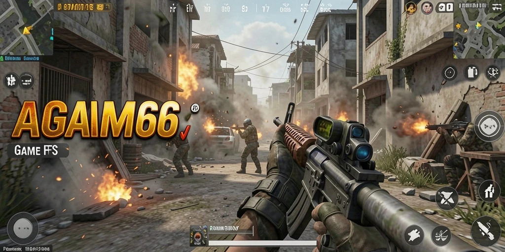 Screenshot utama AGAM66 menampilkan aksi pertempuran FPS yang seru.