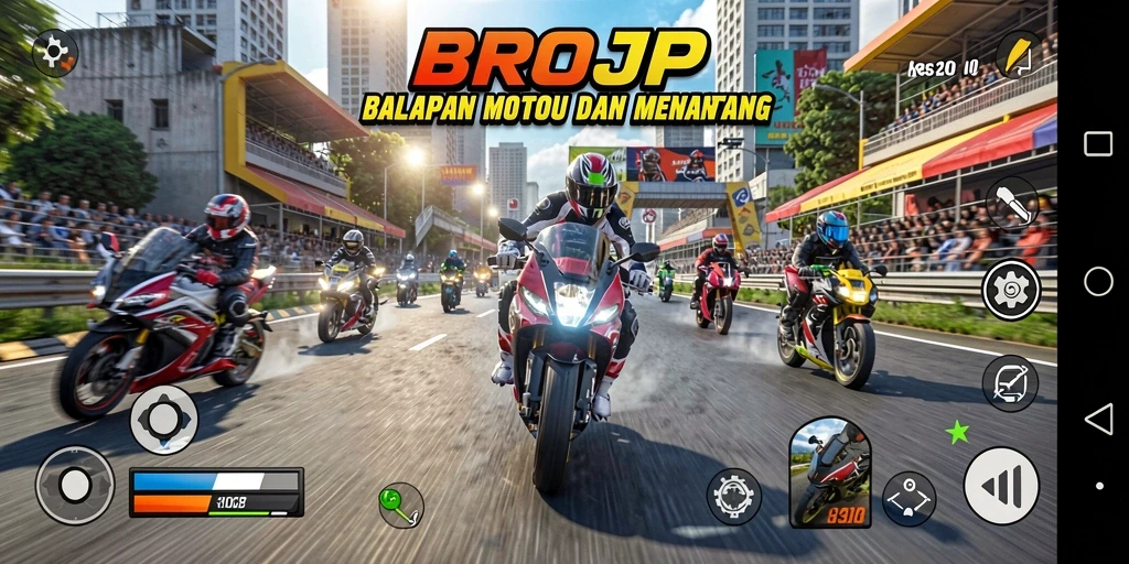 Tampilan gameplay mendebarkan dari BROJP dalam balapan motor.