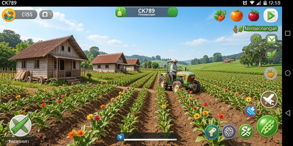 Tangkapan layar gameplay CK789 dengan aktivitas berkebun yang seru.