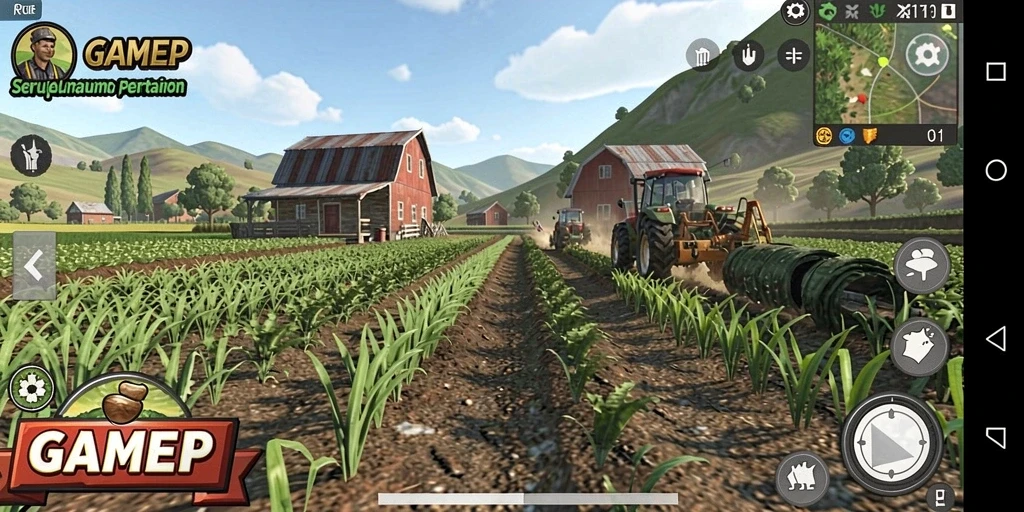 Screenshot GAMERP menampilkan petani yang sedang merawat tanaman hijau.
