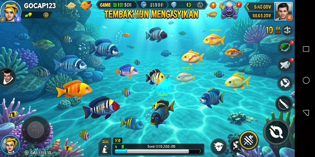 Tampilan screenshot GOCAP123 menunjukkan aksi menembak ikan yang intens.