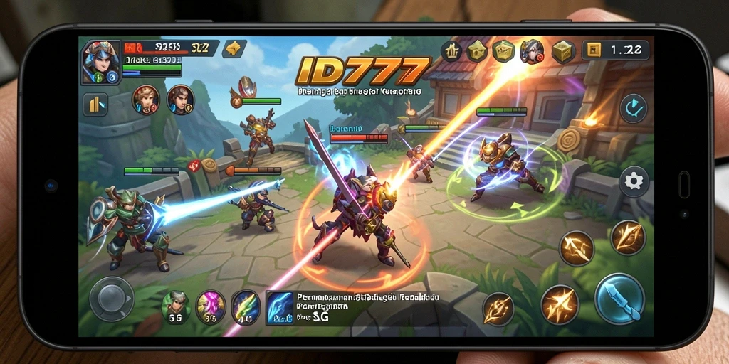 Screenshot gameplay SLG ID777 menampilkan aksi pertempuran yang intens.