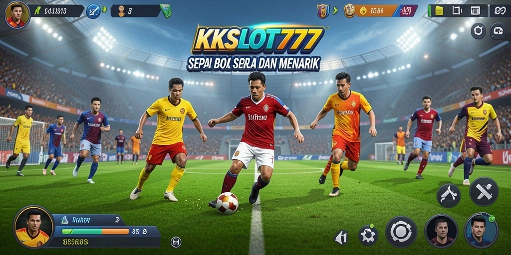 Screenshot gameplay KKSLOT777 yang menunjukkan aksi menggetarkan di lapangan sepak bola.