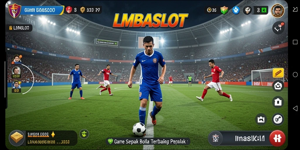 Screenshot gameplay LMBASLOT menunjukkan momen menegangkan dalam pertandingan sepak bola.