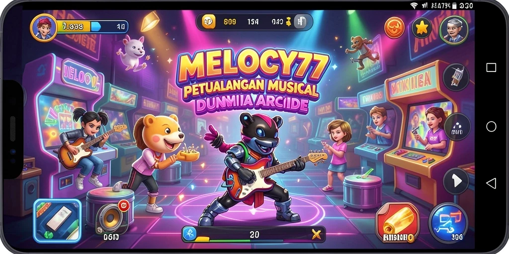 Screenshot utama MELODY77 menampilkan gameplay dinamis dan colorful.