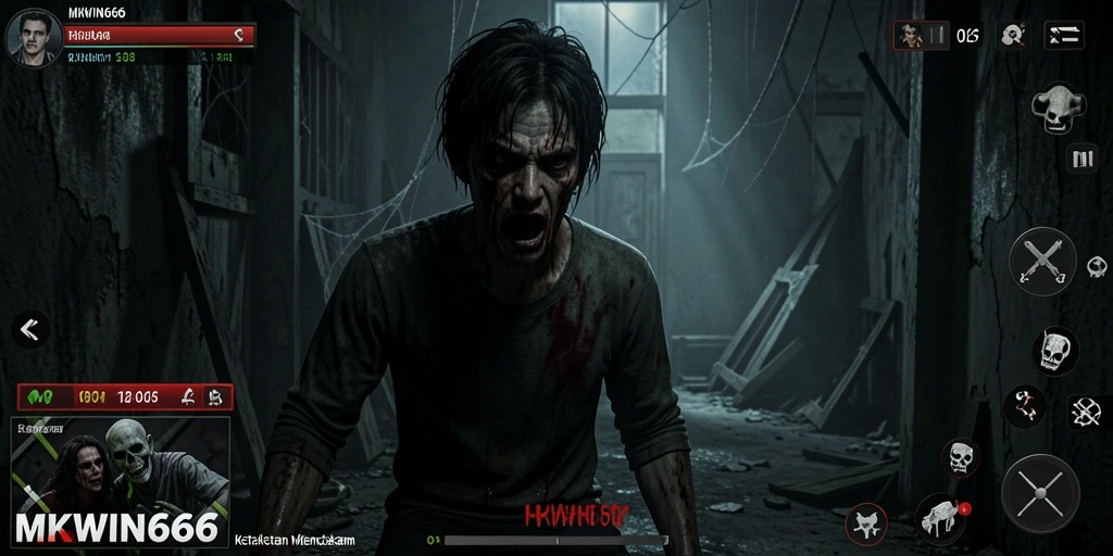 Screenshot gameplay MKWIN666 menampilkan suasana mencekam dan efek visual yang mengesankan.