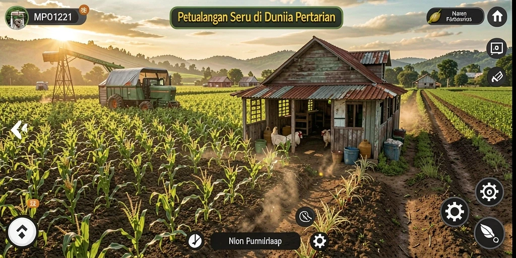 Screenshot MPO1221 menampilkan aktivitas seru di ladang pertanian.