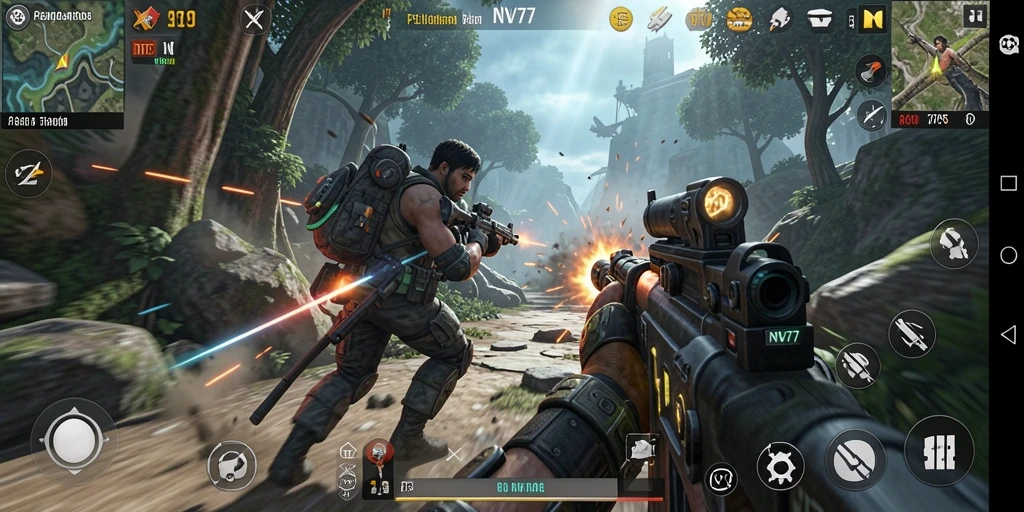 Tampilan gameplay NV77 yang mendebarkan di medan perang.