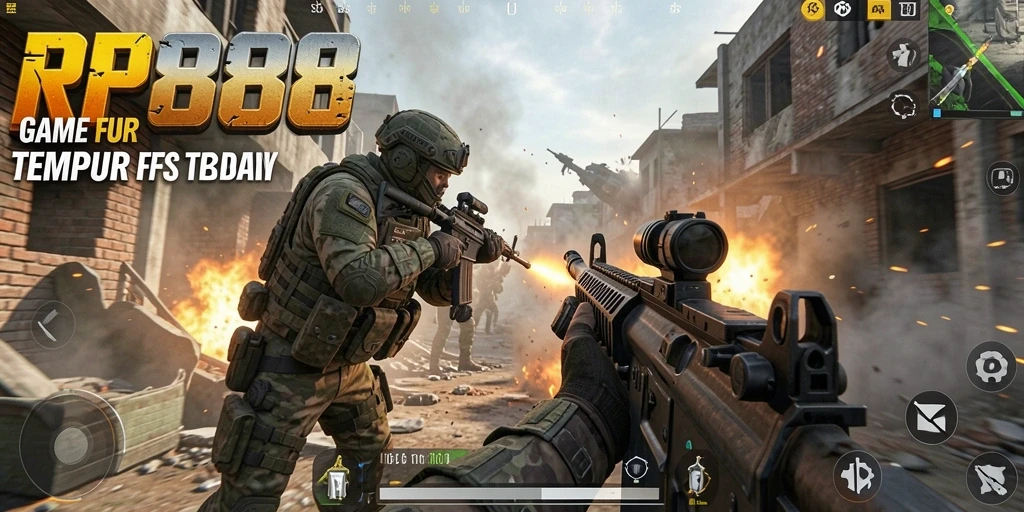 Tangkapan layar dari permainan RP888 yang menampilkan aksi pertarungan FPS yang intens.