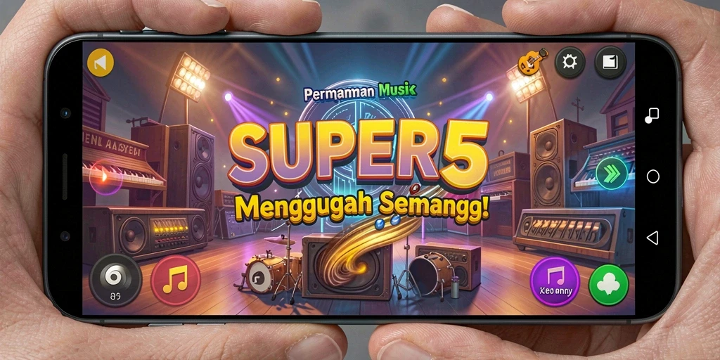 Tampilan gameplay SUPER5 yang menakjubkan dengan alunan musik.